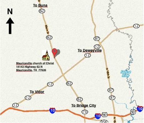 We are located on the west side of Highway 62, 1.3 miles north of the intersection of Highways 12 and 62.  Our address is 14143 Highway 62 N, Mauriceville, TX  77626.